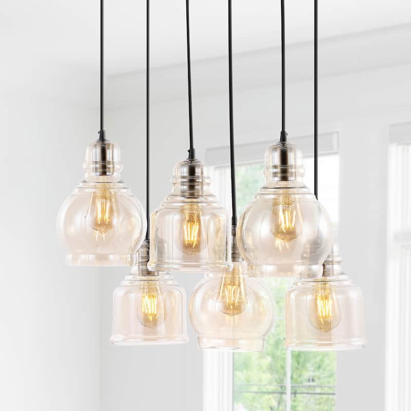 Cooper 18.88" 6-Light Bohemian Farmhouse Iron/Glass Cluster LED Pendant, Nickel/Champagne by JONATHAN Y
