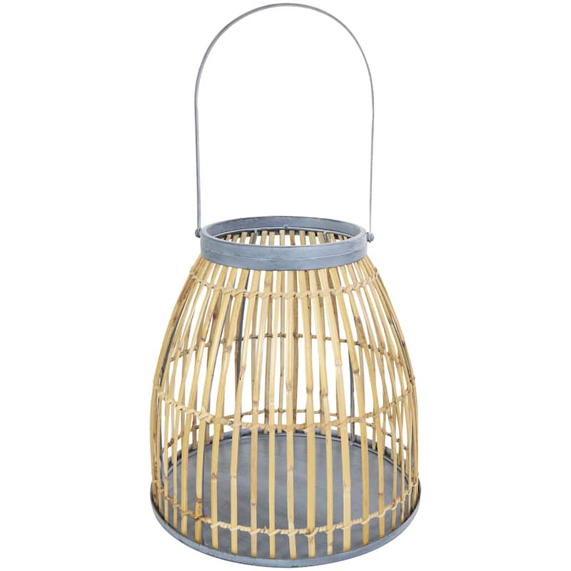 Bamboo Wood Handmade Woven Open Framed Caged Style Indoor Outdoor Candle Lantern with Blue Accents - Brown - Roche River Decor