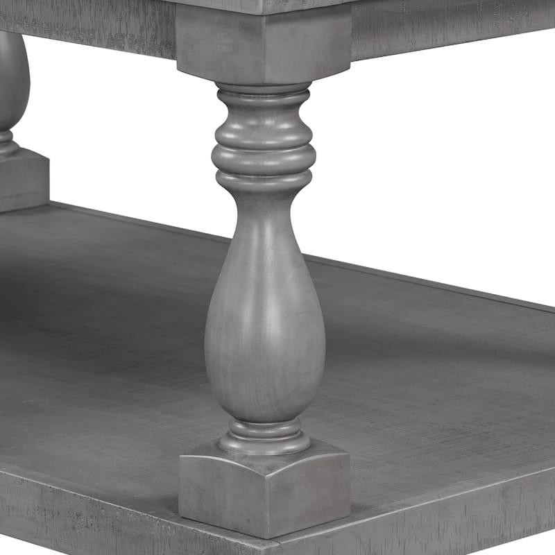 45.2*28.3 Inch Vintage Coffee Table with Bottom Shelf, Solid Wood Vase Column Legs