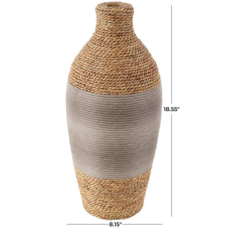 Brown Seagrass Handmade Rounded Wrapped Decorative Vase with Layered Gray Paneling