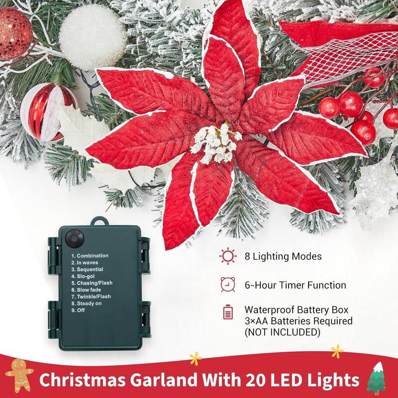 6FT Pre-Lit Christmas Battery Operated Xmas Garland, Red+Gold - N/A