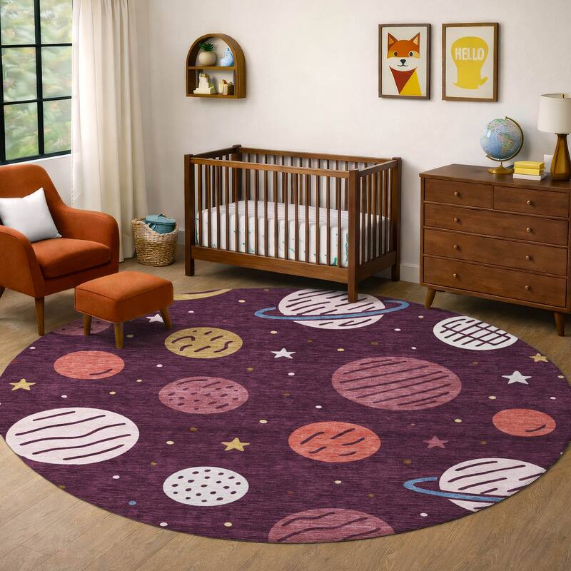 Machine Washable Indoor/ Outdoor Modern Planets Chantille Rug