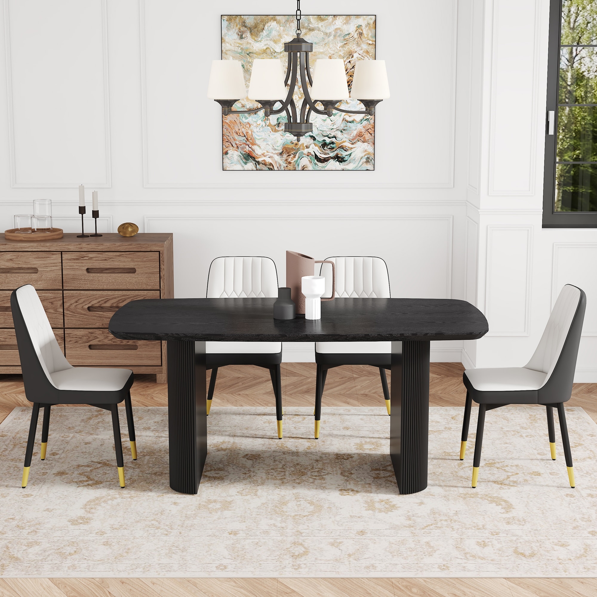 Black Wood Grain MDF Dining Table Set With 4 White And Dark Gray Spliced PU Cushion Chairs Black Metal Legs