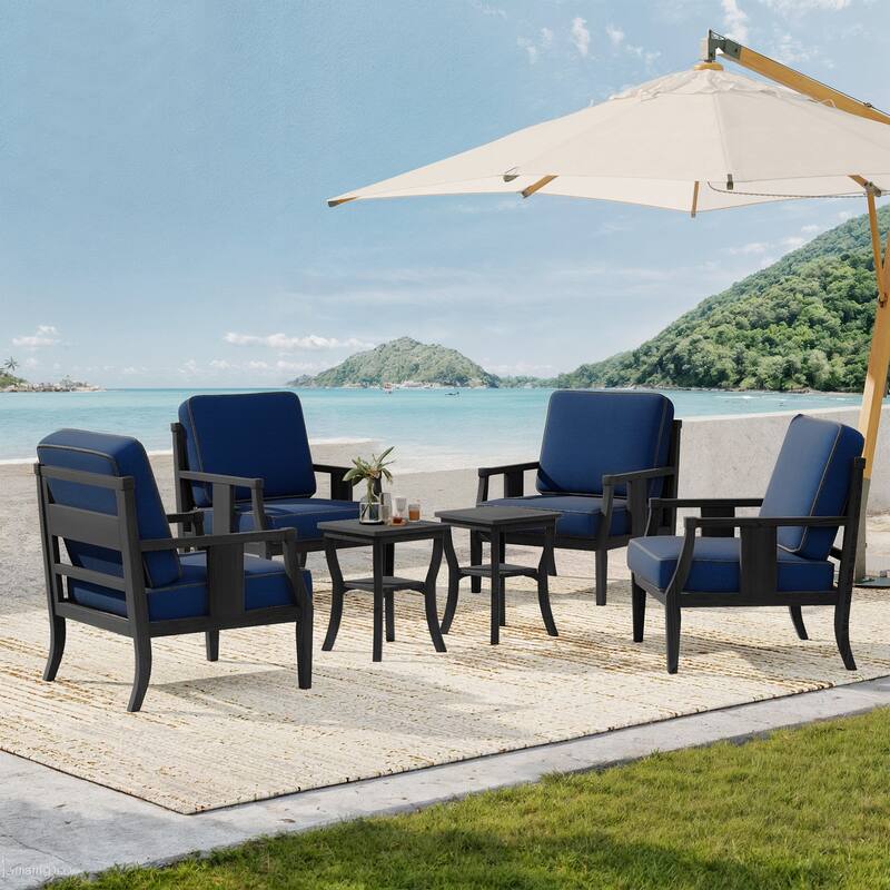 Patio Conversation Sets with Side Table(Set of 6) - Navy/Black - Black Wood