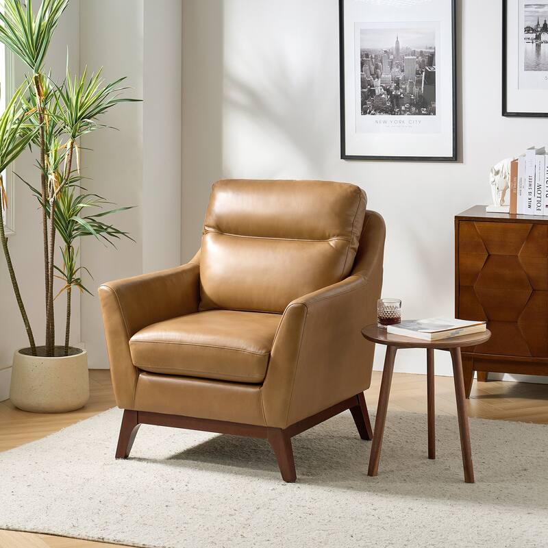 Latinus Mordern Genuine Leather Armchair with Solid Wood Legs by HULALA HOME