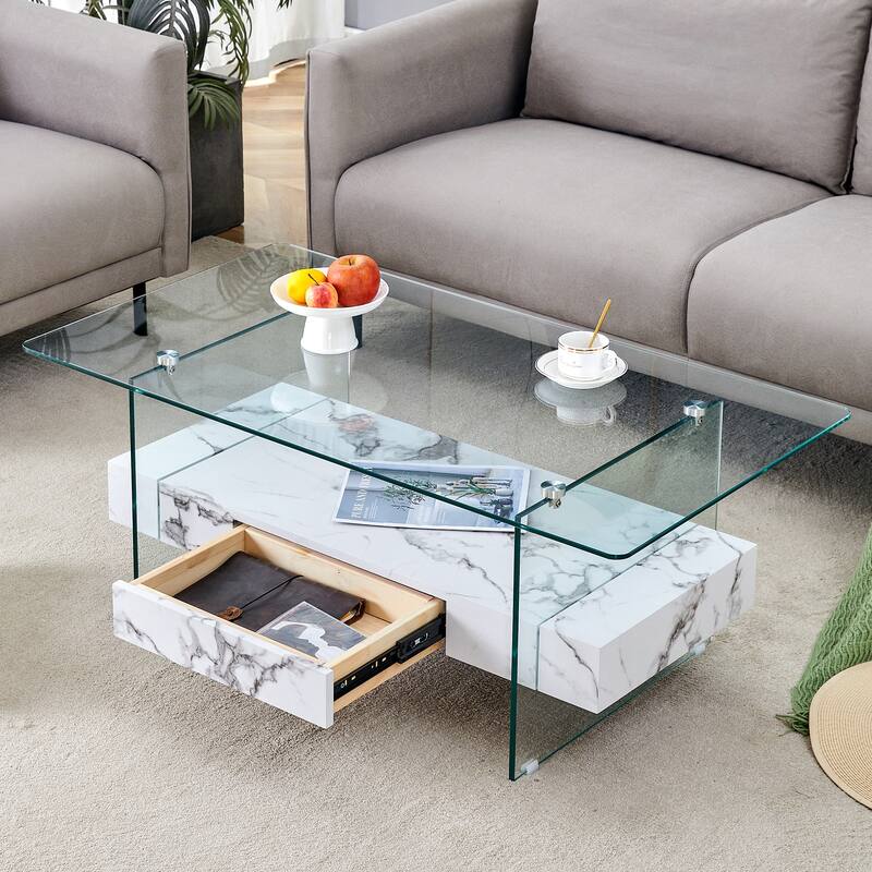 43.3 Inch Double Layer Coffee Table Storage Side Table with Open Storage Shelves, Drawers Glass Center Table End Table - White