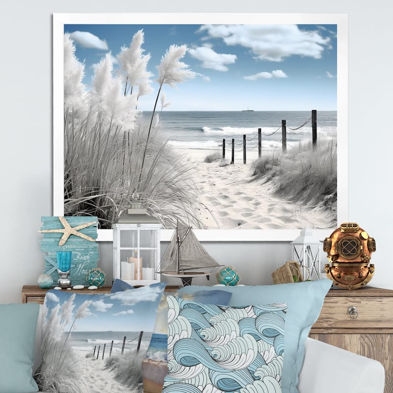 Designart "Beach Seascape Dreams Path II" Nautical & Beach Framed Canvas Prints - White - 44 in. wide x 34 in. high