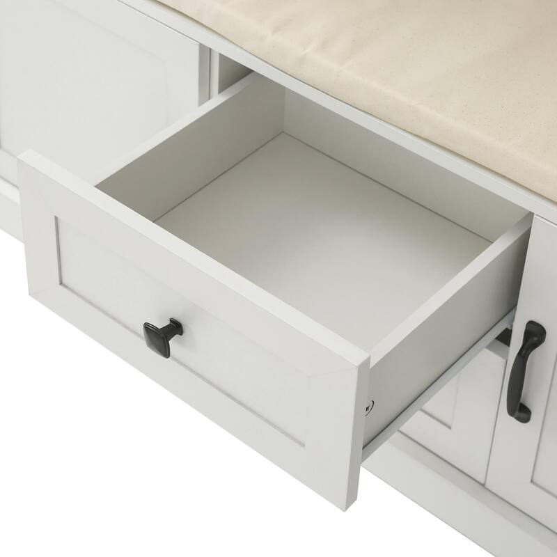 Multifunctional Entryway Hall Tree with Cushioned Bench, Hooks, Drawers & Cabinets Beige Particle Board,