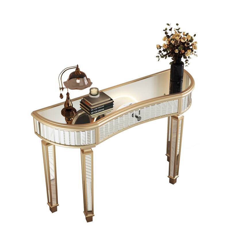 Roomfitters 47" Half-Moon Mirrored Console Table, Fluted Glass Entryway Vanity with Crystal Knob Drawer