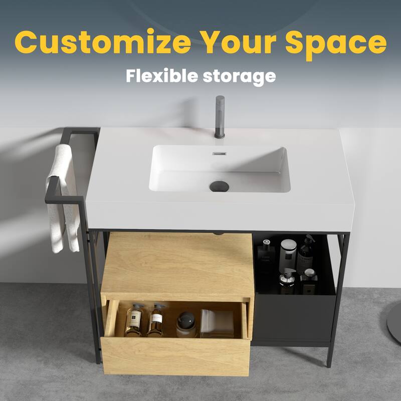 36" Industrial Modular Bathroom Vanity - Metal Frame with Seamless Artificial Stone Basin(Drain & Faucet Not Included)