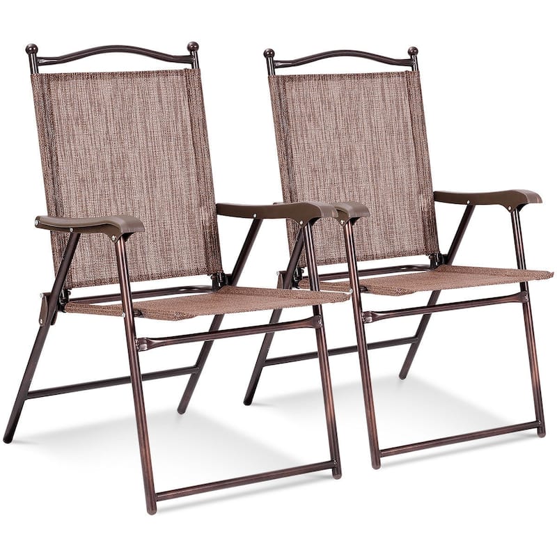 Costway Set of 2 Patio Folding Sling Back Chairs Camping Deck Garden - Set of 2 - Brown