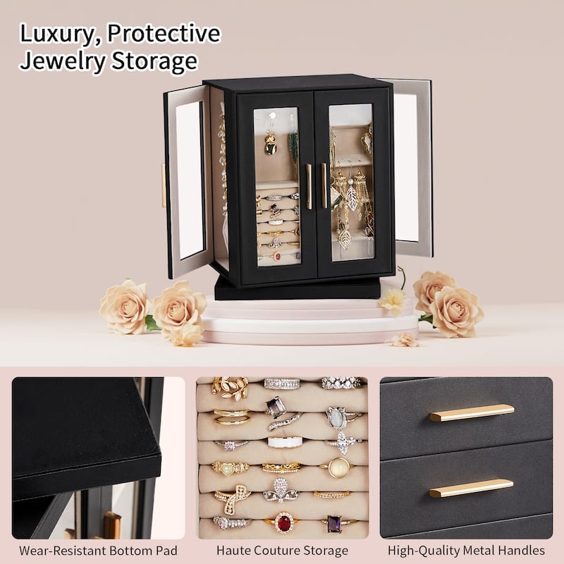 360° Rotating Jewelry Box with 5 Drawers - Black Cabinet & Pink Velvet Interior - Multi