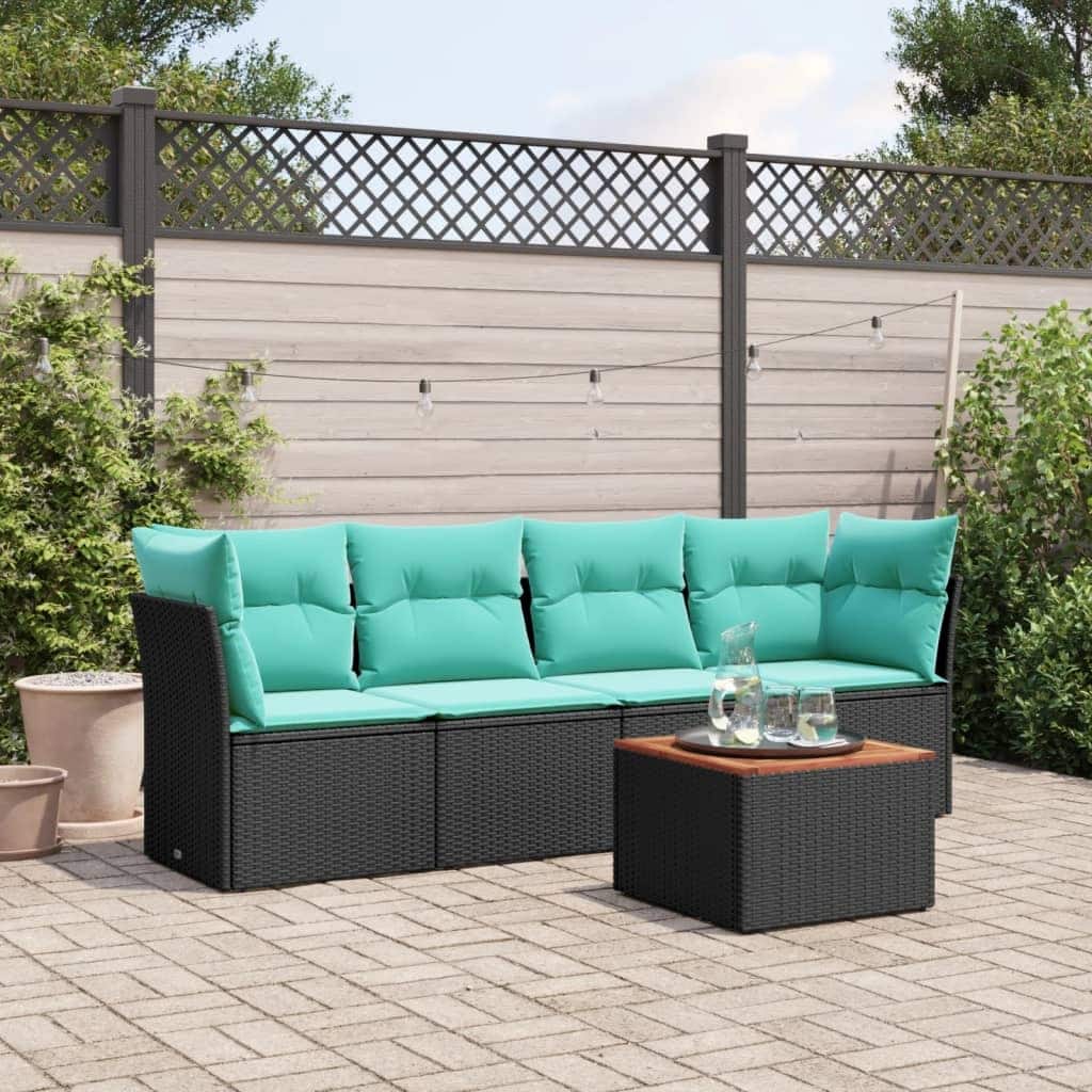 vidaXL 5 Piece Patio Sofa Set with Cushions Black Poly Rattan - 24.4 x 24.4 x 27.2