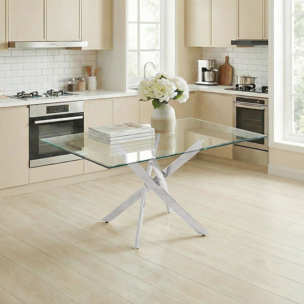 Modern rectangular tempered glass table and silver iron frame