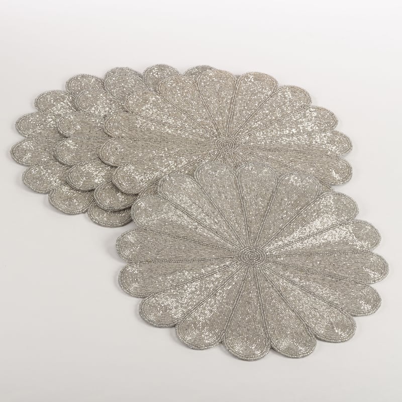 Beaded Placemats With Flower Design (Set of 4) - Silver - Set of 4