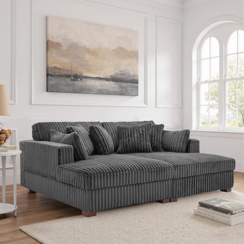 Sophia 84" W Plush Corduroy Chaise Lounge Modular Sectional Sofa - Grey&4 Pillows