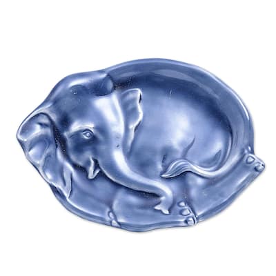 Novica Handmade Elephant At Rest In Blue Celadon Ceramic Plate