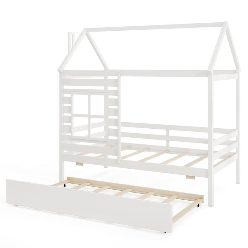 Gymax Twin Size House Bed with Trundle Wooden Platform Bed w/ Roof