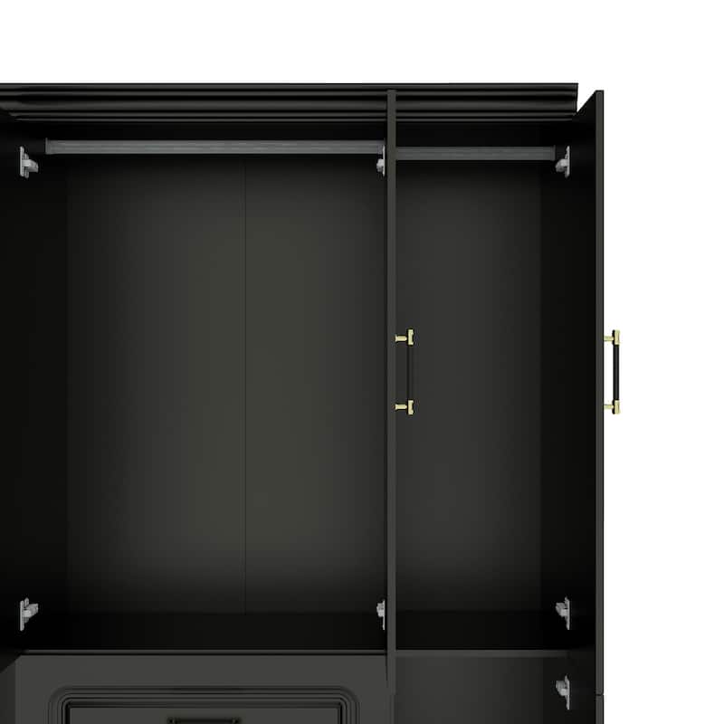 4 Door Armoire Wardrobe Closet with Drawer and Hanging Rod, Wooden Black Bedroom Armoire Closet, 70.87" H x 61.42" W x 20.47" D