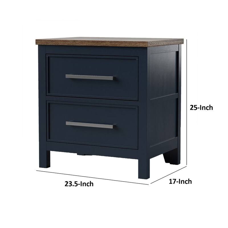 Tela Nightstand, 2 Drawers, Metal Handles, 25 Inch Blue Solid Pinewood