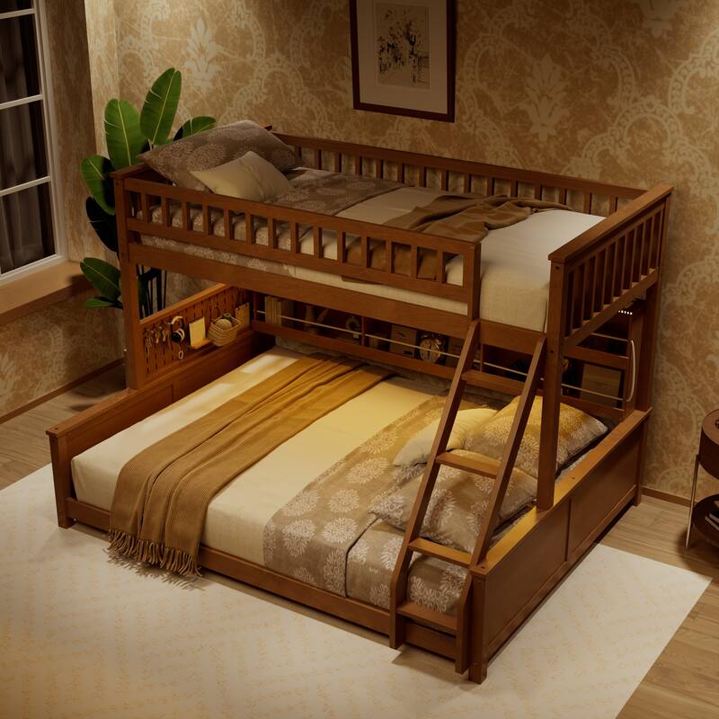 Kids Bunk Bed Frame with Integrated Shelving, Light Strip and Pegboard, Convertible into Floor Platform Bed and Low Loft Bed