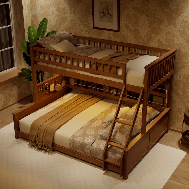 Twin XL over Queen Bunk Bed with Integrated Shelving, Color-Changing Lights and Pegboard