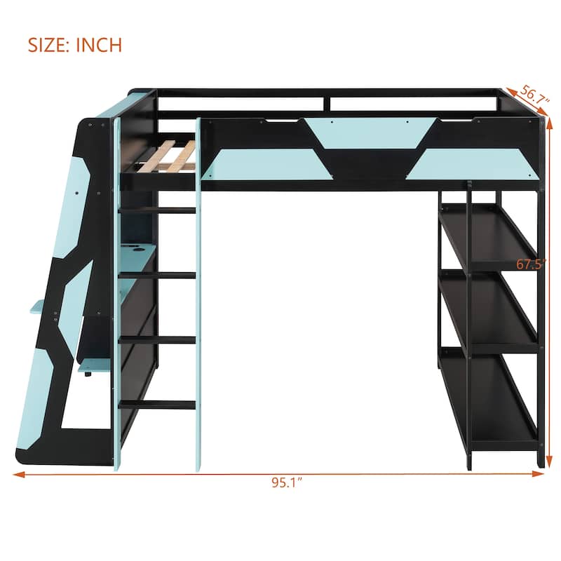 Full Size Gaming Loft Bed Station with Desk, Storage Shelves & RGB LED Lights