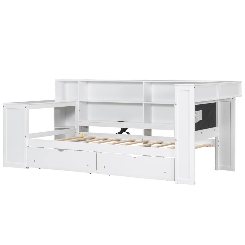 Twin Size Platform Bed with Storage, Charging Station, LED, Desk, and Upholstered Headboard