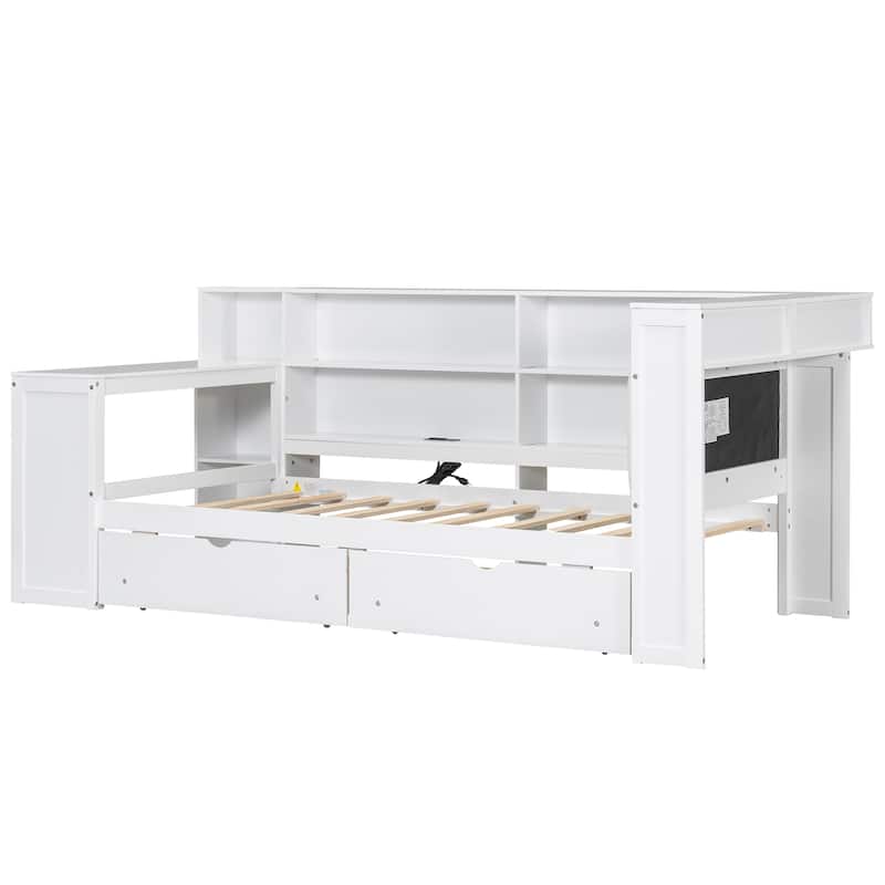 Wood Daybed Platform Bed Multifunctional Bed Frame with Charging Station and LED Light, Upholstered Headboard, Storage Shelves