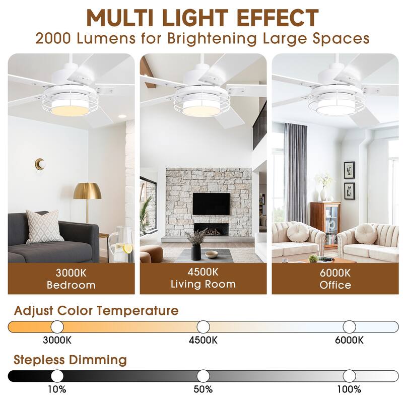 52 in. Matte White Integrated LED Dimmable Ceiling Fan with Light and Remote - 52" D x 52" W x 15.2" H