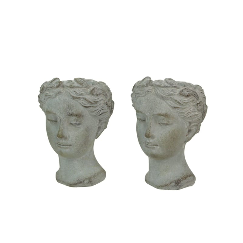 Set Of 2 Weathered Gray Greek Lady Statue Wall Mount Cement Head - 6 X 4.25 X 4 inches