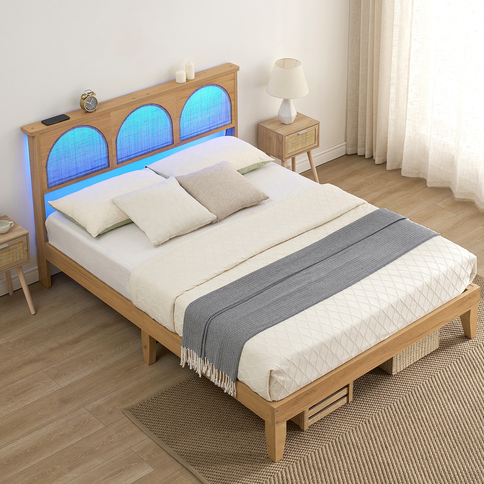 Wooden bed frame store with led lights
