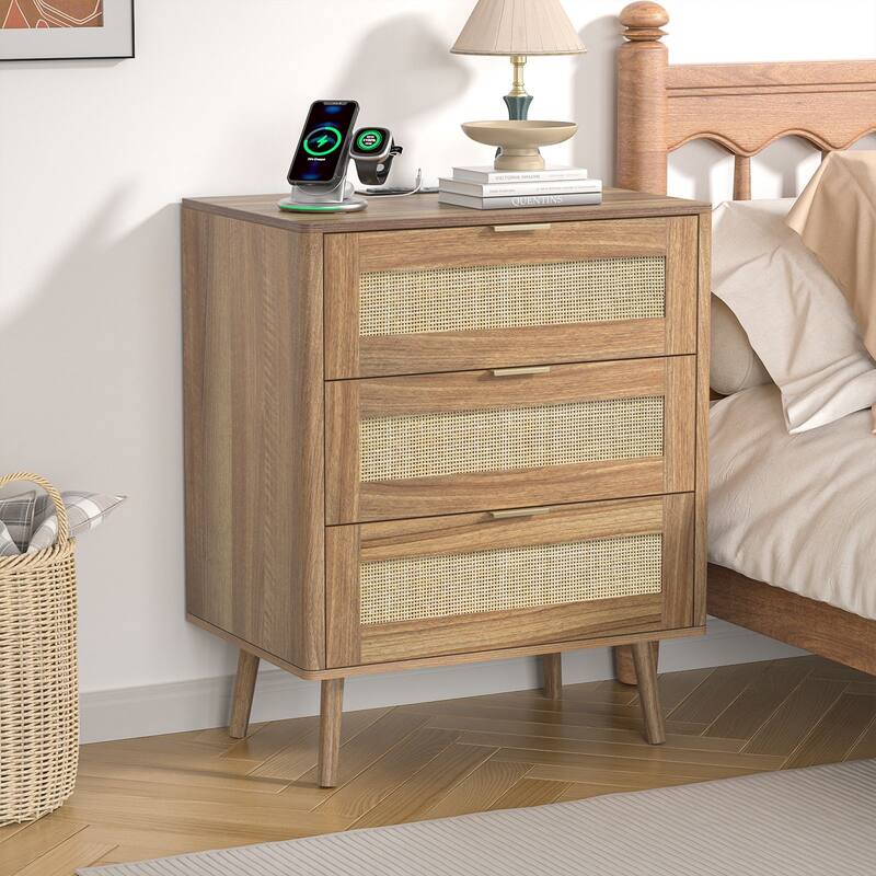 3-Drawer Rattan Dresser - Modern Boho Chest with Natural Accents, Smooth Drawers & Bedroom Storage - Pecan
