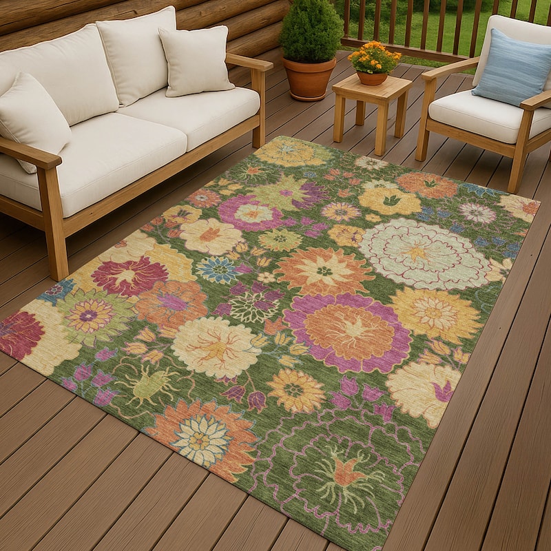 Machine Washable Indoor/ Outdoor Modern Floral Chantille Rug