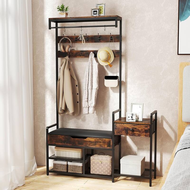 70" Freestanding Hall Tree Coat Rack with Shoe Storage Bench