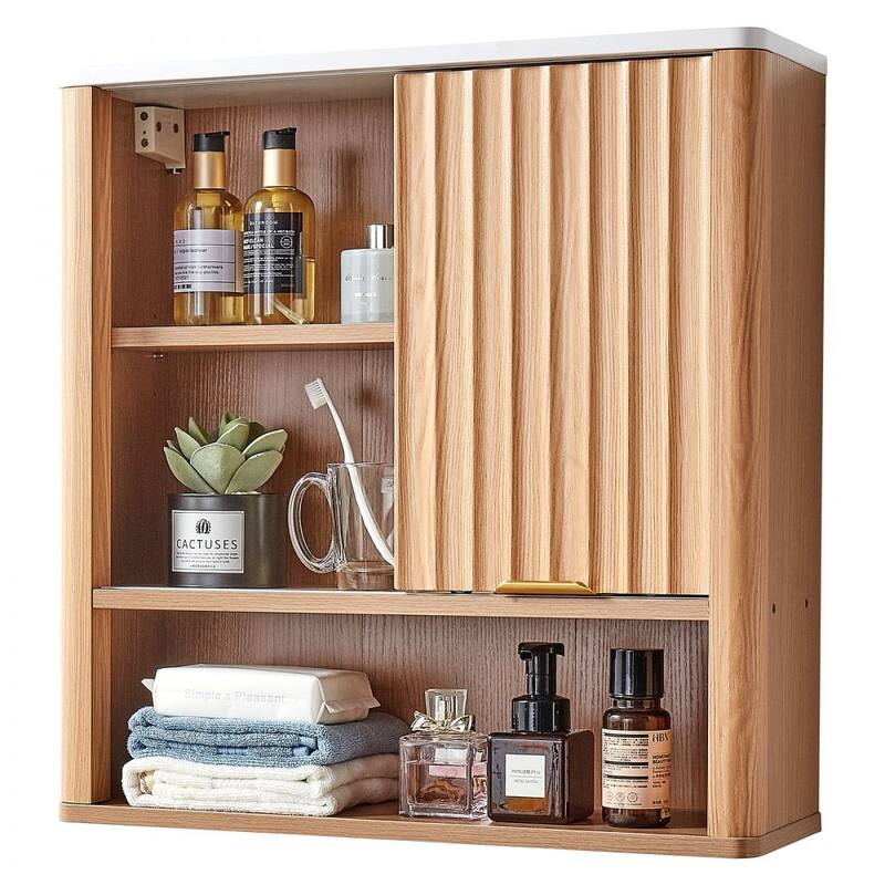 Natural MDF Wall Mounted Bathroom Cabinet with Adjustable Shelves and Doors for Small Space - 23” x 7” x 24”