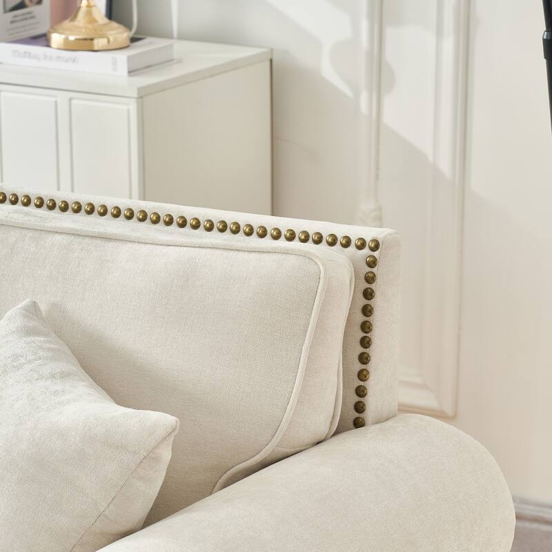 Living Room Deep Seat Rolled Arms Sofa Chenille Upholstered 3 Seater Couch with Wood Legs, Nailhead Trim and Pillows