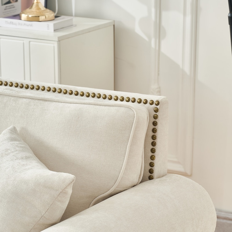 Loveseat with Rolled Armrest, Chenille Upholstered Fabric Sofa, 2-Seater Couch with Solid Wood Legs & Nailhead Trim