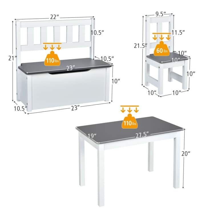 4 Pieces Kids Wooden Activity Table and Chairs Set with Storage Bench and Study Desk - 27.5" (L) X 19" (W) X 20" (H)