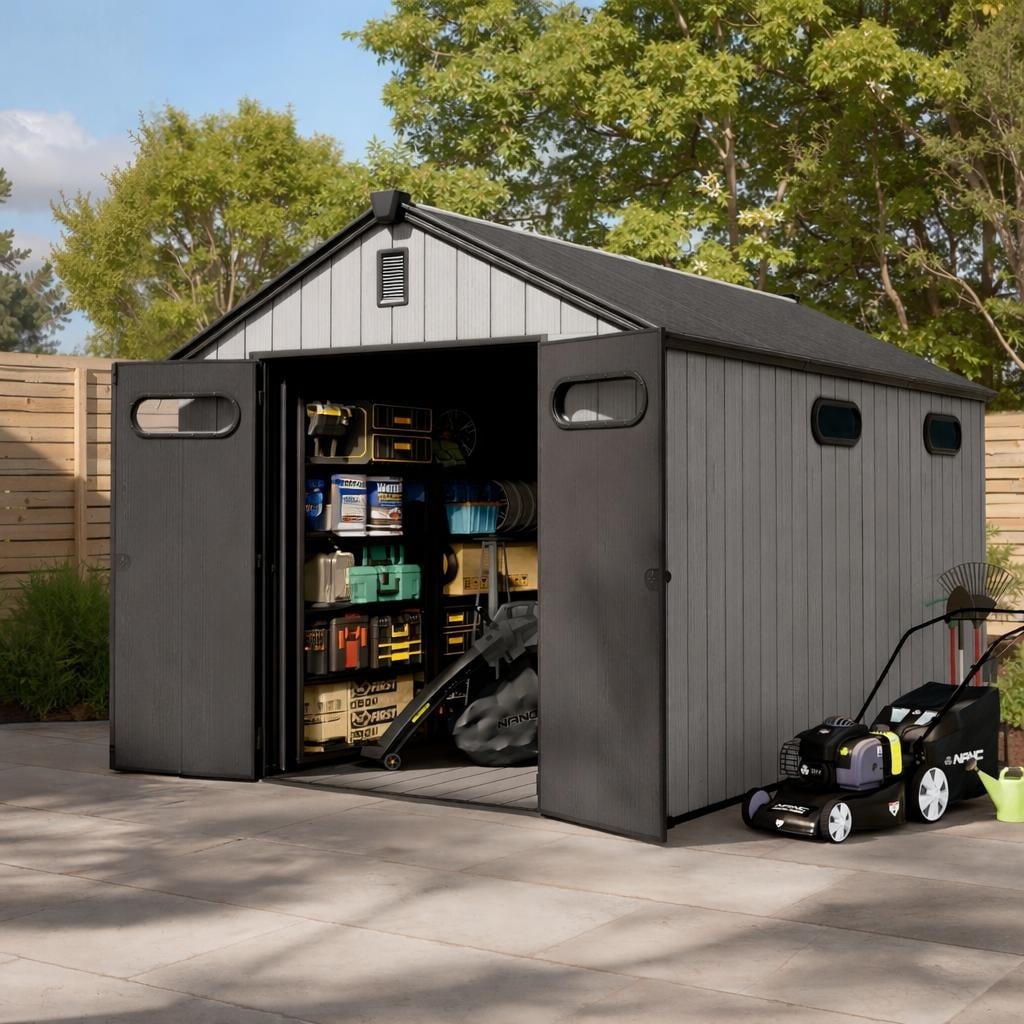 All-Weather Outdoor Storage Shed Waterproof Resin Garden Shed with Floor, Lockable Doors, Skylight for Lawn Tools & Bikes