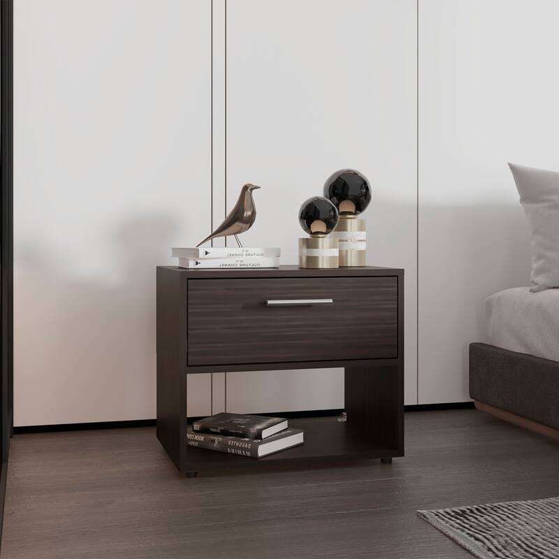 Compact Nightstand with Drawer and Shelf, Modern White and Oak Finish - Walnut