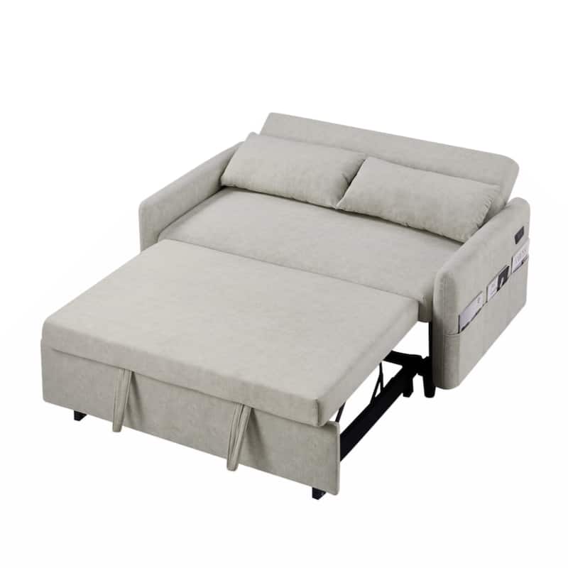 55.1" Pull Out Sleep Sofa Bed Loveseats Sofa Couch with Adjsutable Backrest,Storage Pockets,2 Soft Pillows,USB Ports,Beige