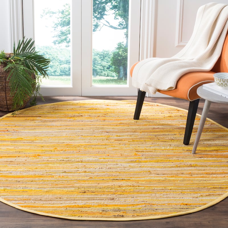SAFAVIEH Handmade Rag Rug Sevim Casual Stripe Cotton Rug - 4' Round - Yellow/Multi - Round
