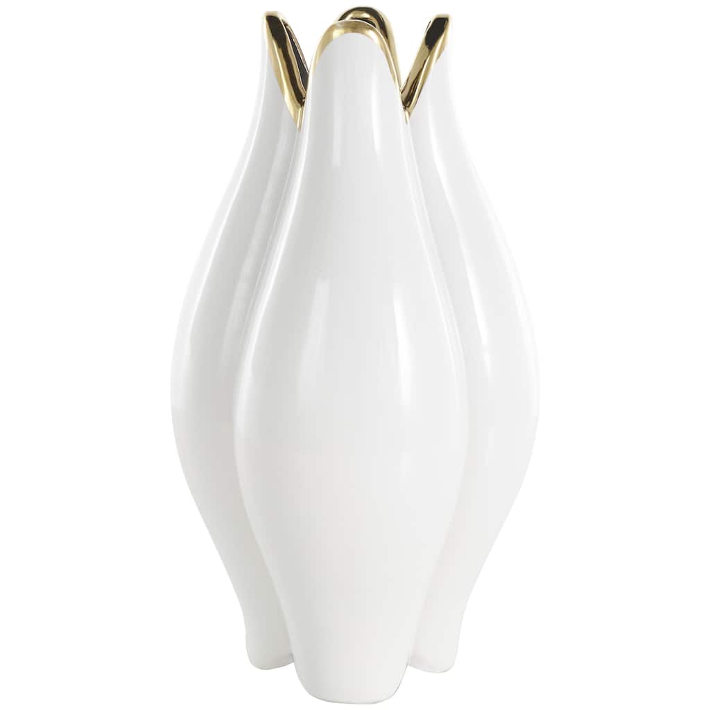 Ceramic Dimensional Tulip Shaped Decorative Vase with Metallic Gold Rim - White - Roche River Decor