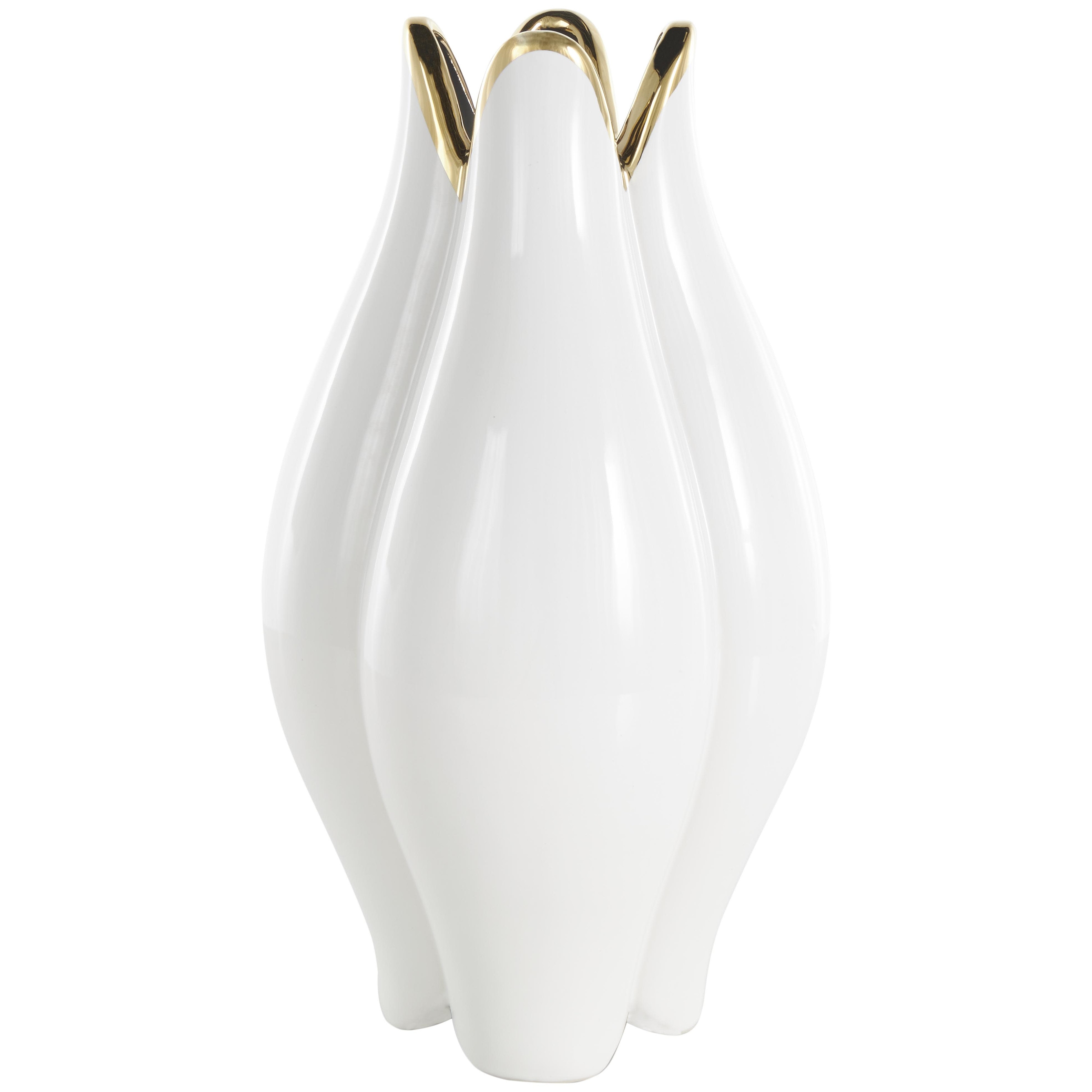 Ceramic Dimensional Tulip Shaped Decorative Vase with Metallic Gold Rim - White - Roche River Decor