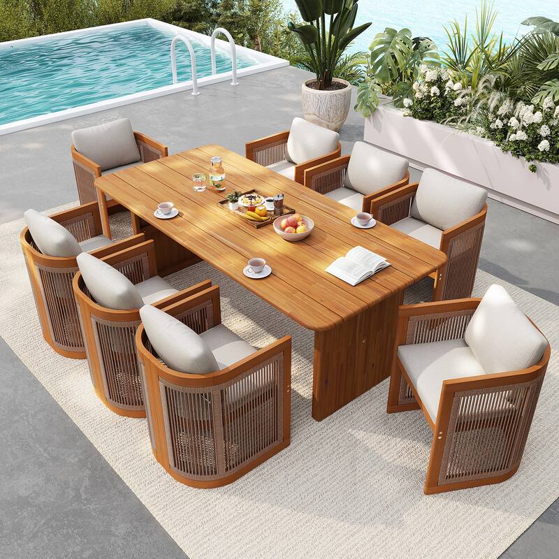 Outdoor 9-piece Solid Wood Dining Table And Chair Set With Cushions