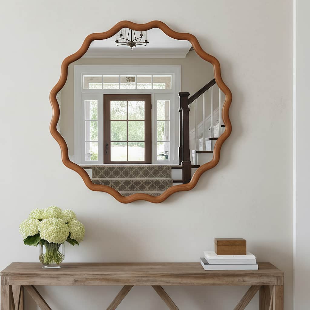 Wavy Round Solid Wood Frame Decorative Mirror Modern Farmhouse Wall Mirror For Bedroom Bathroom Living Room Entryway