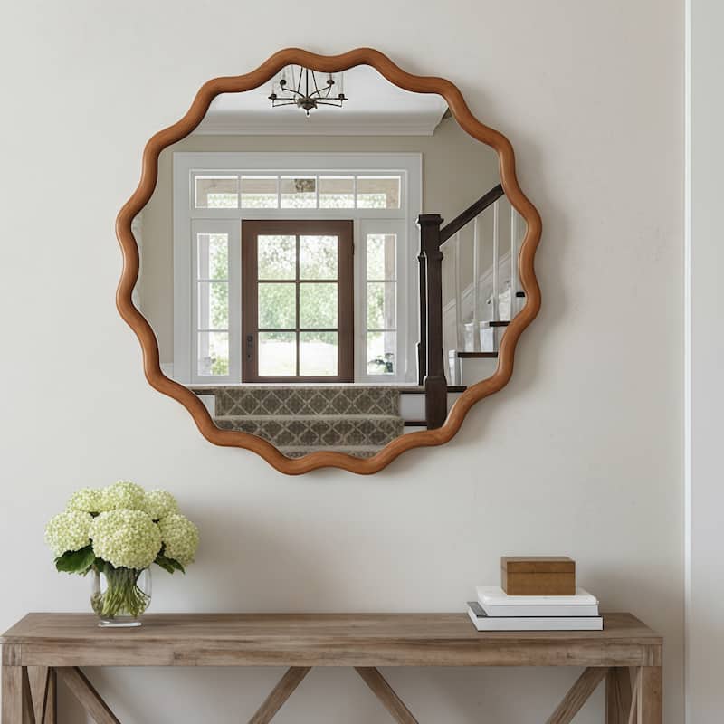 Wavy Round Solid Wood Frame Decorative Mirror - Antique Brown