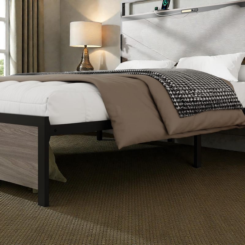 Modern Metal Platform Bed Frame with Wood Headboard LED Lights, USB & Type-C Charging Station, Large Underbed Storage