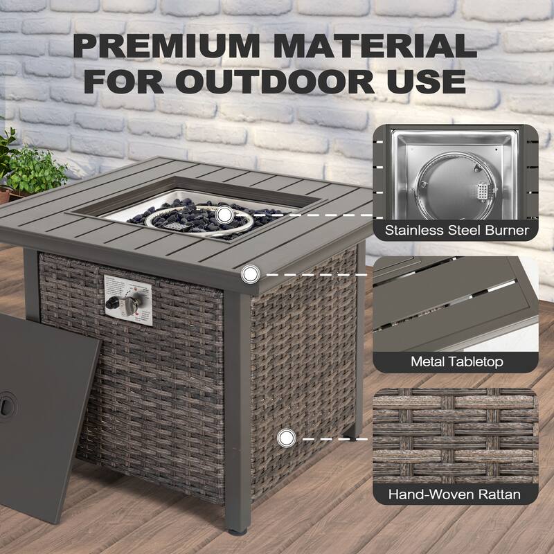 Outdoor 30’’ Square Rattan Fire Pit Table with Metal Lid, Brown